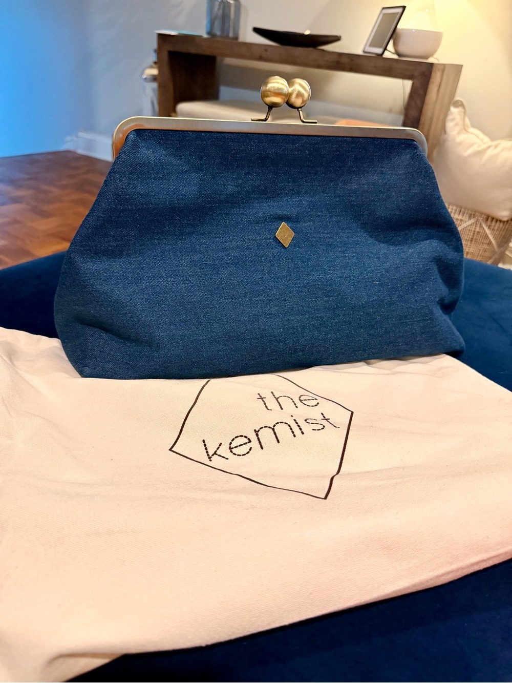 Denim Kiss-Lock Frame Clutch from Kemist